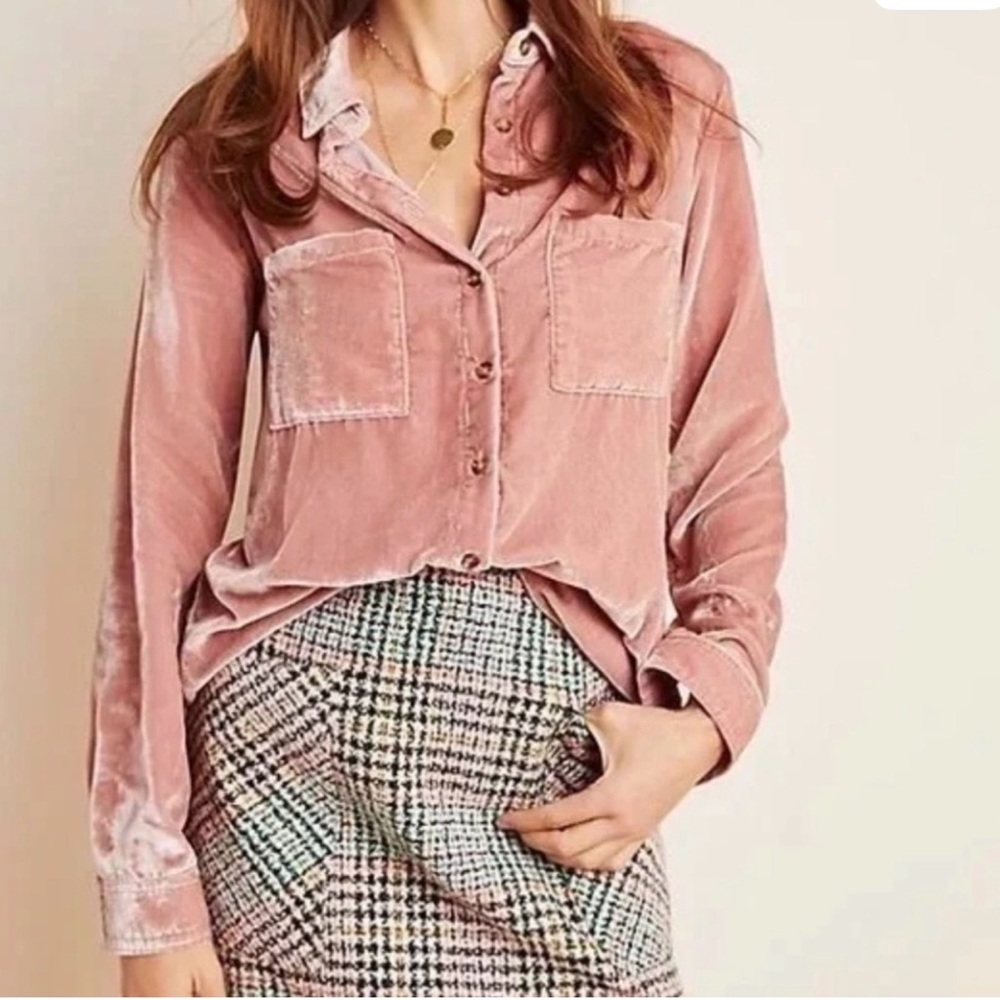 Anthropologie Pink Velvet Button-Down Shirt